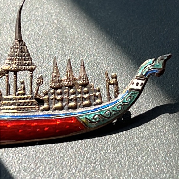 Antique Enamel over Silver Dragon Boat Pin - Picture 4 of 8